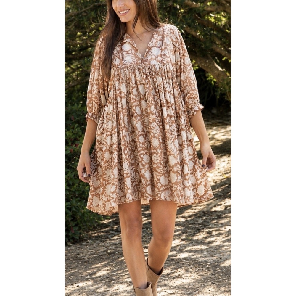 NWT Natural Life Aimee Tan Brown Floral Mini Dress Tunic XL Boho Cottagecore